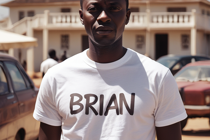 AI-generated image of a man wearing a white T-shirt with a writing Brian  on it