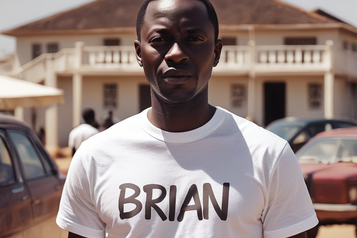 AI-generated image of a man wearing a white T-shirt with a writing Brian  on it