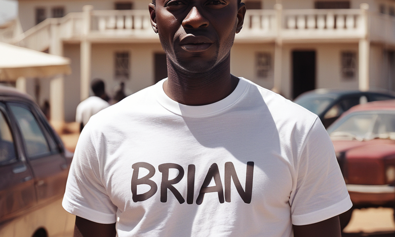 AI-generated image of a man wearing a white T-shirt with a writing Brian  on it