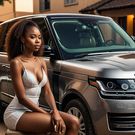 An AI-generated image of a very beautiful African lady coming out of a Range Rover