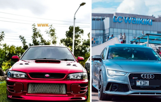 A collage photo of A photo of a Subaru WRX STI gc8 and a 2015 AUDI RS7