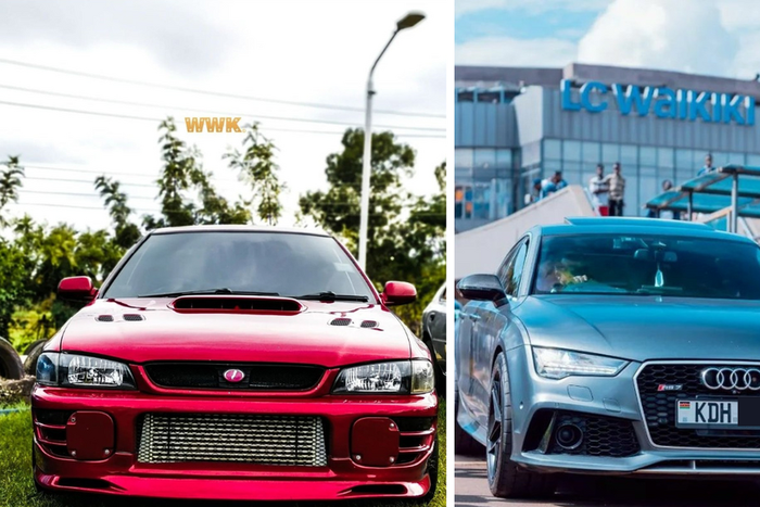 A collage photo of A photo of a Subaru WRX STI gc8 and a 2015 AUDI RS7