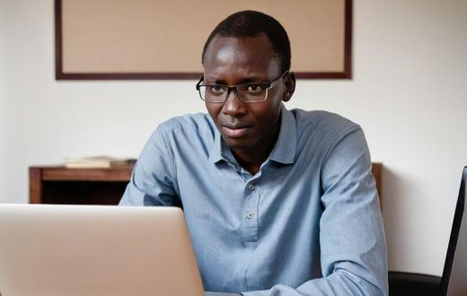 An AI generated image of a man working on a laptop
