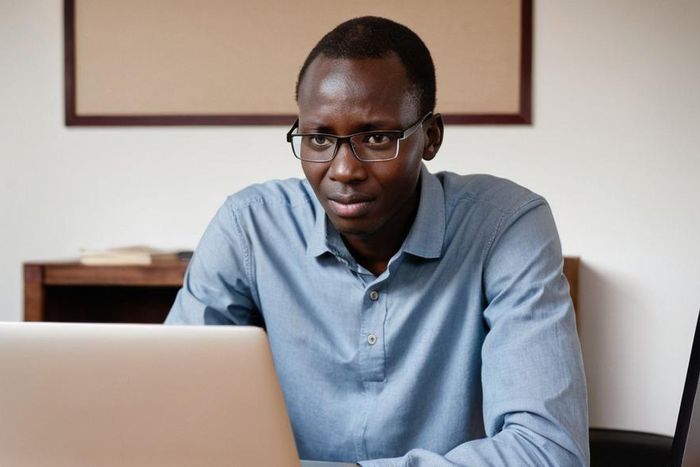 An AI generated image of a man working on a laptop