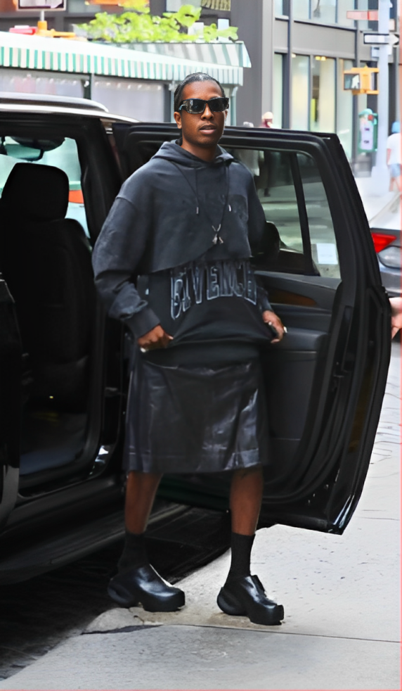 Rapper Asap Rocky dressed in a skirt
