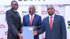 Dr James Mwangi, Equity Group Managing Director and CEO (centre), William Rahedi, Spire Bank Board Chairman (right) and Joel Gachari, Mwalimu National Sacco National Chairman (right) during the partnership signing ceremony