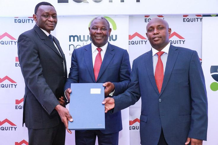 Dr James Mwangi, Equity Group Managing Director and CEO (centre), William Rahedi, Spire Bank Board Chairman (right) and Joel Gachari, Mwalimu National Sacco National Chairman (right) during the partnership signing ceremony