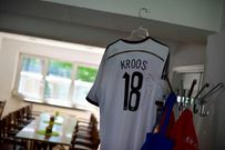 A football jersey of German national soccer player Toni Kroos is pictured inside the club restaurant at the 'Volksstadtion' stadium in Greifswald, northeastern Germany, on May 9, 2018.