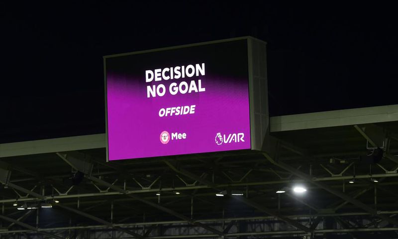 VAR rules out a goal for Ben Mee of Brentford during the Premier League match between Brentford and Liverpool on January 2, 2023.