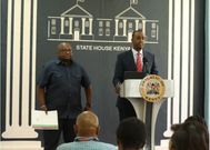 State House Spokesperson Hussein Mohamed and Housing PS Charles Hinga speaking during a media briefing at State House, Nairobi on May 24, 2023