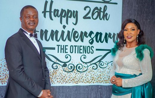 Gospel singer Janet Otieno and her husband during their 26th marriage anniversary