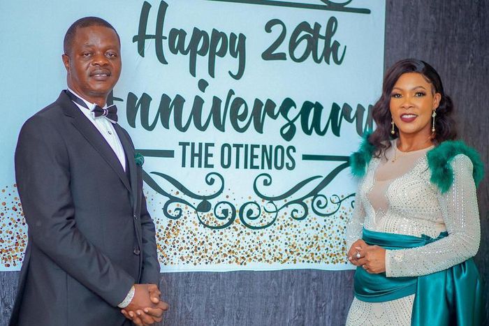 Gospel singer Janet Otieno and her husband during their 26th marriage anniversary