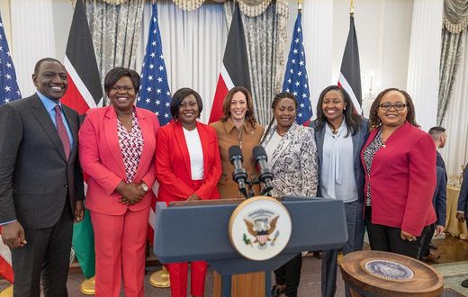 Kenya’s President William Ruto, Governors Glady Wanga (Homabay), Cecily Mbarire (Embu) U.S Vice President Kamala Harris, Wavinya Ndeti (Machakos), Susan Kihika (Nakuru) and Anne Waiguru (Kirinyaga)