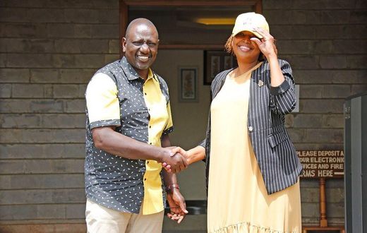 File image of nominated Senator Karen Nyamu and President William Ruto