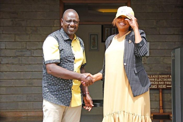File image of nominated Senator Karen Nyamu and President William Ruto