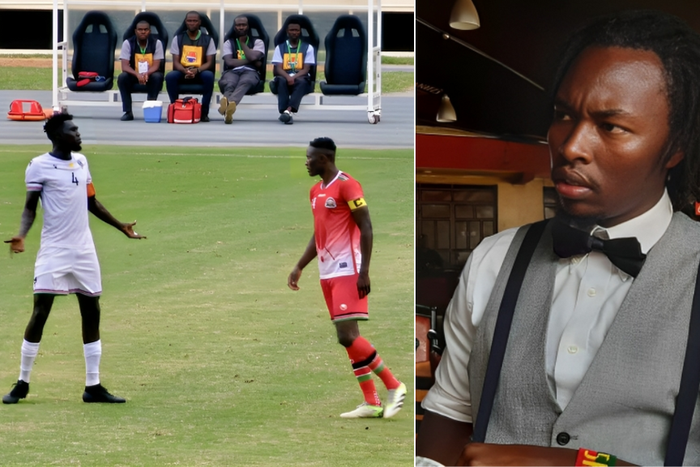 A collage of a Harambee Stars match against South Sudan and Radio Citizen presenter Shatta Bway