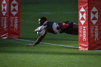 Nelson Oyoo of Kenya scores a try during Canada 7S vs Kenya 7S, HSBC World Rugby Seven Series Bronze Final match at the Commonwealth Stadium in Edmonton. On Sunday, 26 September 2021, in Edmonton, Alberta, Canada. (Photo by Artur Widak/NurPhoto via Getty Images)