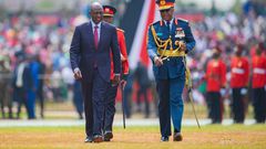 File image of President William Ruto matches during the 2023 Jamhuri Day celebrations at the Uhuru Gardens escorted by Chief of the Defence Forces of the Kenya Defence Forces, General Francis Ogola