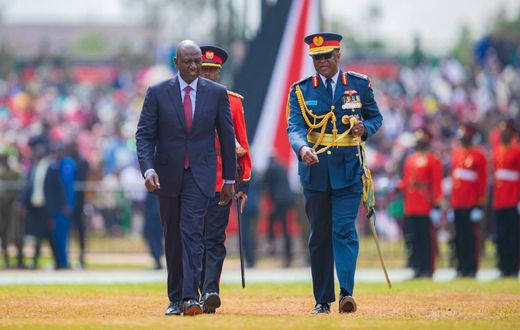 File image of President William Ruto matches during the 2023 Jamhuri Day celebrations at the Uhuru Gardens escorted by Chief of the Defence Forces of the Kenya Defence Forces, General Francis Ogola