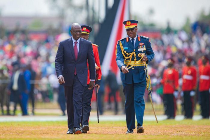 File image of President William Ruto matches during the 2023 Jamhuri Day celebrations at the Uhuru Gardens escorted by Chief of the Defence Forces of the Kenya Defence Forces, General Francis Ogola