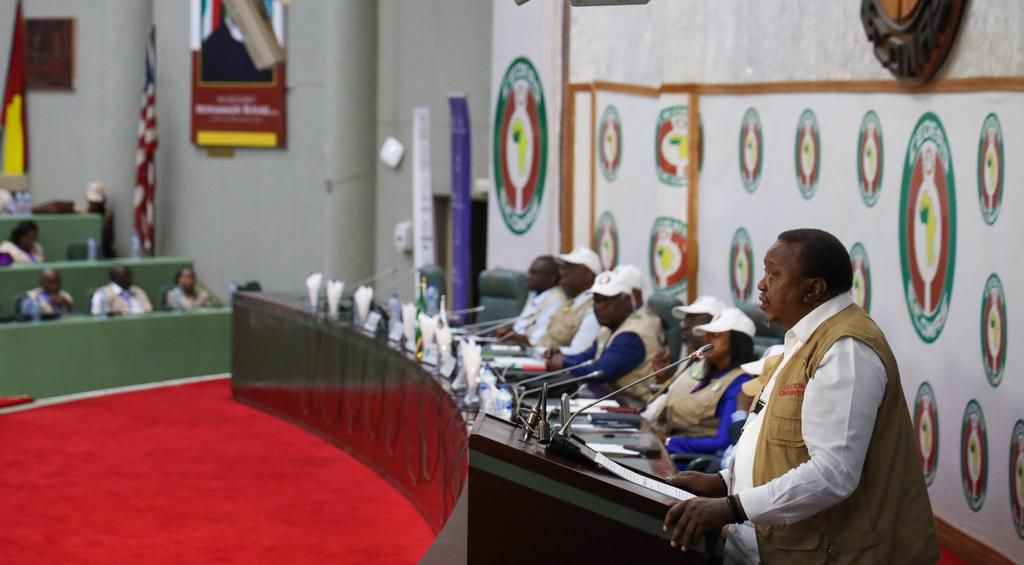 Uhuru Kenyatta speaking in Nigeria, where he is leading the African Union Election Observers' Mission (AUEOM).