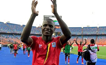 A file photo of Uganda forward Patrick Kaddu celebratng an Africa Cup of Nations victory over the Democratic Republic of Congo in Egypt last month.