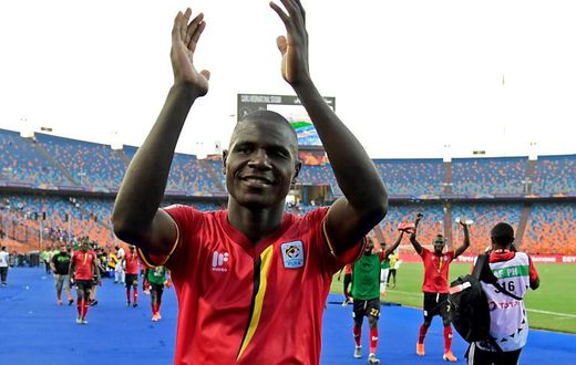 A file photo of Uganda forward Patrick Kaddu celebratng an Africa Cup of Nations victory over the Democratic Republic of Congo in Egypt last month.