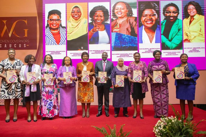 President William Ruto with women leaders at the launch of the Women Governors G7 Caucus in Nairobi on March 7, 2024