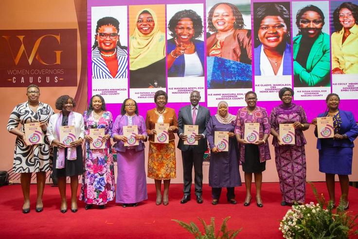 President William Ruto with women leaders at the launch of the Women Governors G7 Caucus in Nairobi on March 7, 2024
