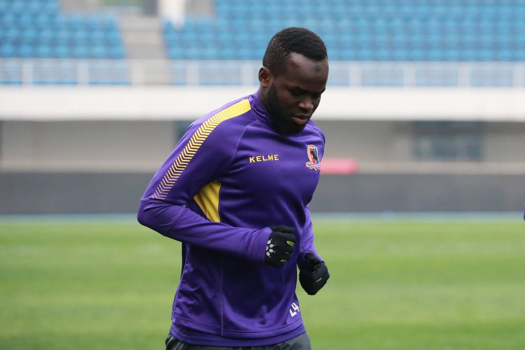 The late Cheick Tiote of Beijing Enterprises Group F.C. takes part in a training session for their 4th round match against Shijiazhuang Ever Bright F.C. during the 2017 Chinese Football Association China League on April 7, 2017.