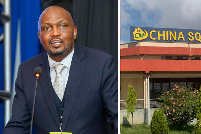 A collage of Trade CS Moses Kuria and China Square