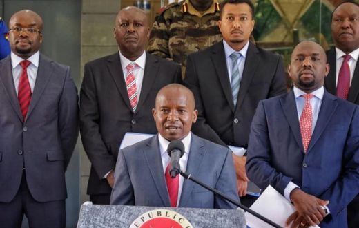 File image of Interior CS Prof. Kithure Kindiki and his Transport counterpart, Kipchumba Murkomen addressing the press on December 20, 2022