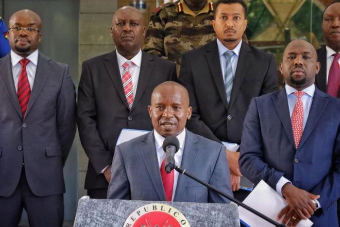 File image of Interior CS Prof. Kithure Kindiki and his Transport counterpart, Kipchumba Murkomen addressing the press on December 20, 2022