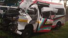 The wreckage of the 14-seater matatu registered under Eldoret Cross Roads Shuttle Sacco involved in a road accident along the Eldoret-Nakuru highway