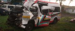 The wreckage of the 14-seater matatu registered under Eldoret Cross Roads Shuttle Sacco involved in a road accident along the Eldoret-Nakuru highway