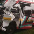 The wreckage of the 14-seater matatu registered under Eldoret Cross Roads Shuttle Sacco involved in a road accident along the Eldoret-Nakuru highway
