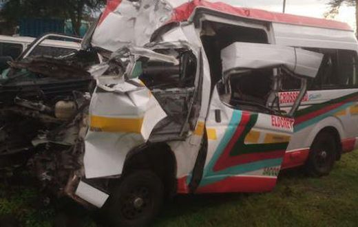 The wreckage of the 14-seater matatu registered under Eldoret Cross Roads Shuttle Sacco involved in a road accident along the Eldoret-Nakuru highway