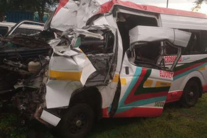 The wreckage of the 14-seater matatu registered under Eldoret Cross Roads Shuttle Sacco involved in a road accident along the Eldoret-Nakuru highway