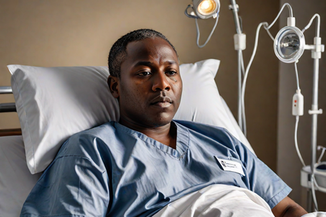 An AI-generated image of a man lying in a hospital bed (Hotpot.ai)