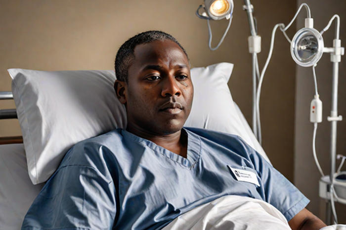 An AI-generated image of a man lying in a hospital bed (Hotpot.ai)