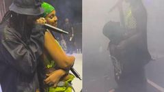 A collage image showing the moment when Diamond joined Zuchu on stage and went down on his knees