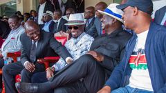 President William Ruto, Sports CS Ababu Namwamba and Azimio la Umoja Coalition leader Raila Odinga at Kasarani stadium for Kipkeino Classic on May 13, 2023