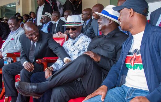 President William Ruto, Sports CS Ababu Namwamba and Azimio la Umoja Coalition leader Raila Odinga at Kasarani stadium for Kipkeino Classic on May 13, 2023