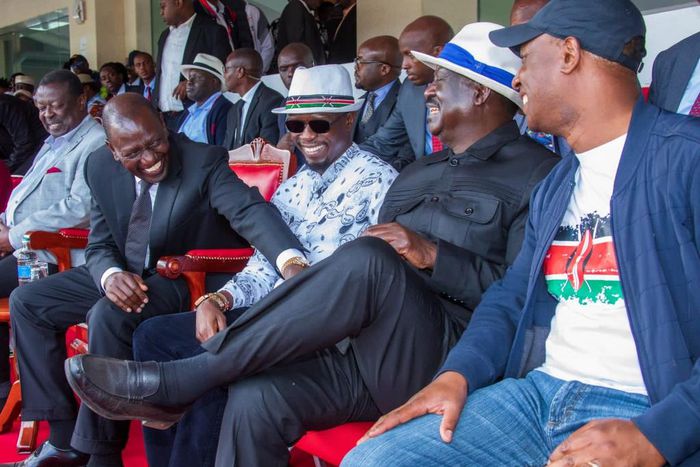 President William Ruto, Sports CS Ababu Namwamba and Azimio la Umoja Coalition leader Raila Odinga at Kasarani stadium for Kipkeino Classic on May 13, 2023