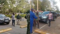 Raila Odinga and his entourage at a roadblock when his motorcade was blocked along road leading to Kisumu State Lodge on Friday, March 10.