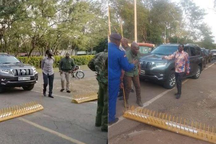 Raila Odinga and his entourage at a roadblock when his motorcade was blocked along road leading to Kisumu State Lodge on Friday, March 10.