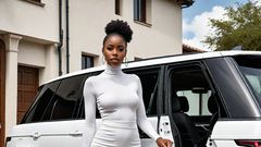 An AI-generated image of a lovely African lady standing next to a Range Rover