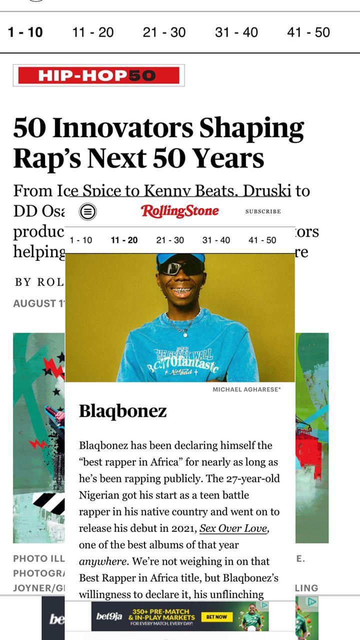 Rolling Stone lists Blaqbonez among 50 rappers shaping the future of Hip Hop