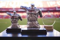 The trophies are lined up before the Antonio Puerta Trophy 2022 match between Sevilla FC and Cadiz CF at Estadio Ramon Sanchez Pizjuan in Seville on August 6, 2022.