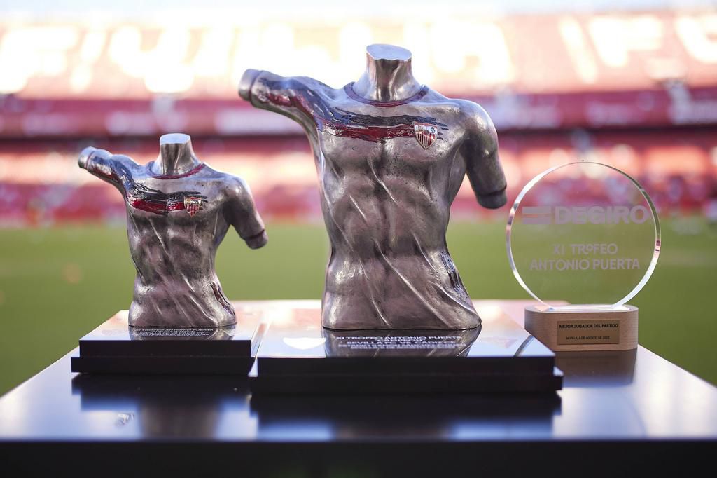 The trophies are lined up before the Antonio Puerta Trophy 2022 match between Sevilla FC and Cadiz CF at Estadio Ramon Sanchez Pizjuan in Seville on August 6, 2022.
